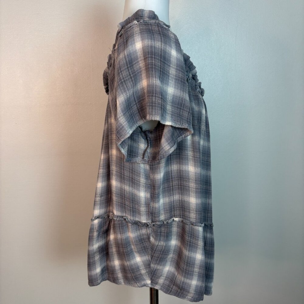 Maurices Top XL Gray Plaid Off-the-Shoulder Button Short Sleeve‎ Blouse Women's - Picture 7 of 12